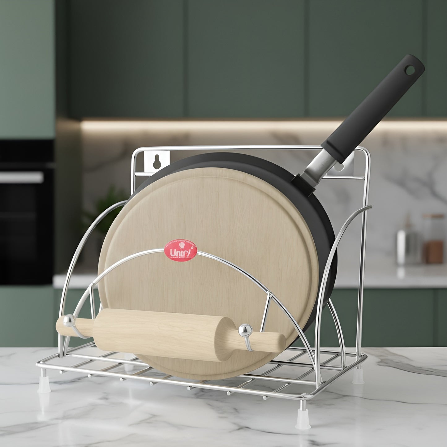 Stainless Steel Round Chakla Belan Tawa Stand | Rolling Pin & Board Holder, Corner Shelf (Silver)