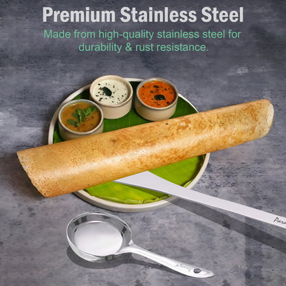 2-Piece Stainless Steel Dosa Ladle & Turner | 20.5cm & 31.5cm Heavy Gauge Kitchen Tools with Flat Base Spatula, Silver Finish