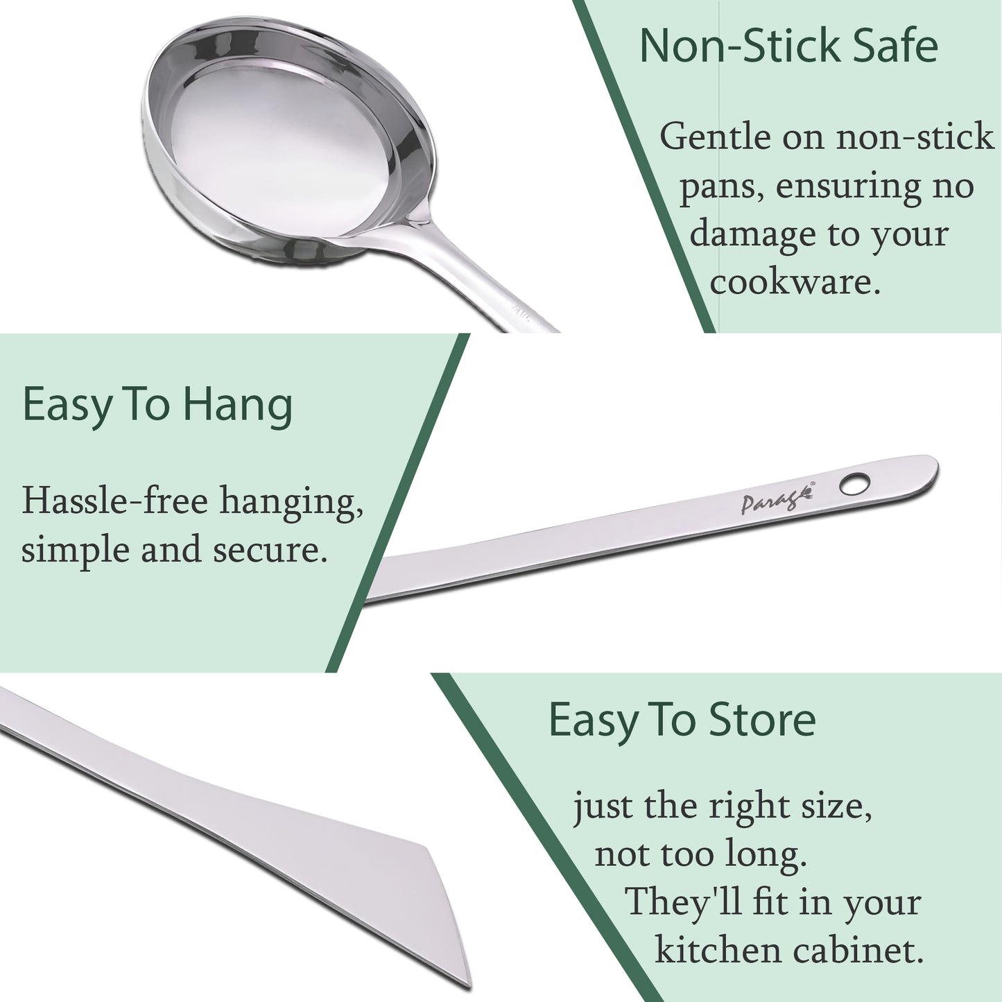 2-Piece Stainless Steel Dosa Ladle & Turner | 20.5cm & 31.5cm Heavy Gauge Kitchen Tools with Flat Base Spatula, Silver Finish