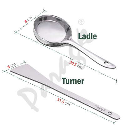 2-Piece Stainless Steel Dosa Ladle & Turner | 20.5cm & 31.5cm Heavy Gauge Kitchen Tools with Flat Base Spatula, Silver Finish