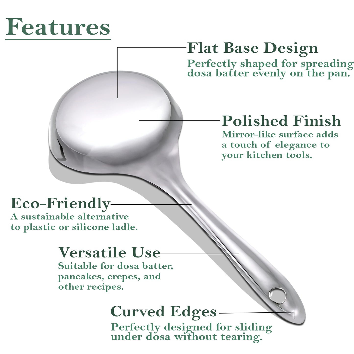 Stainless Steel Dosa Ladle | 20.5cm Heavy Gauge Flat Base Spatula & Spoodle Spoon for Cooking, Silver Finish