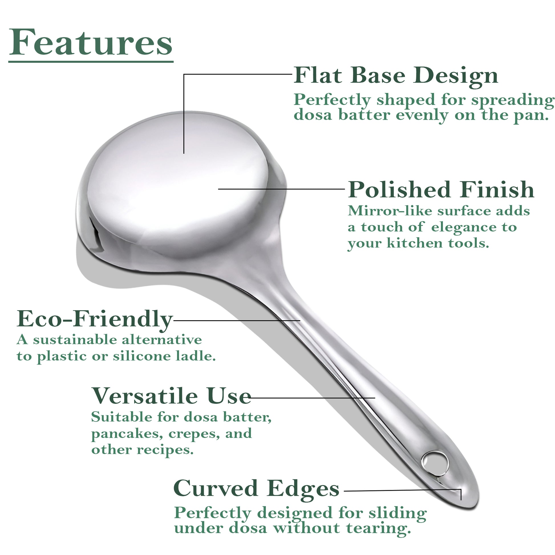 Stainless Steel Dosa Ladle | 20.5cm Heavy Gauge Flat Base Spatula & Spoodle Spoon for Cooking, Silver Finish
