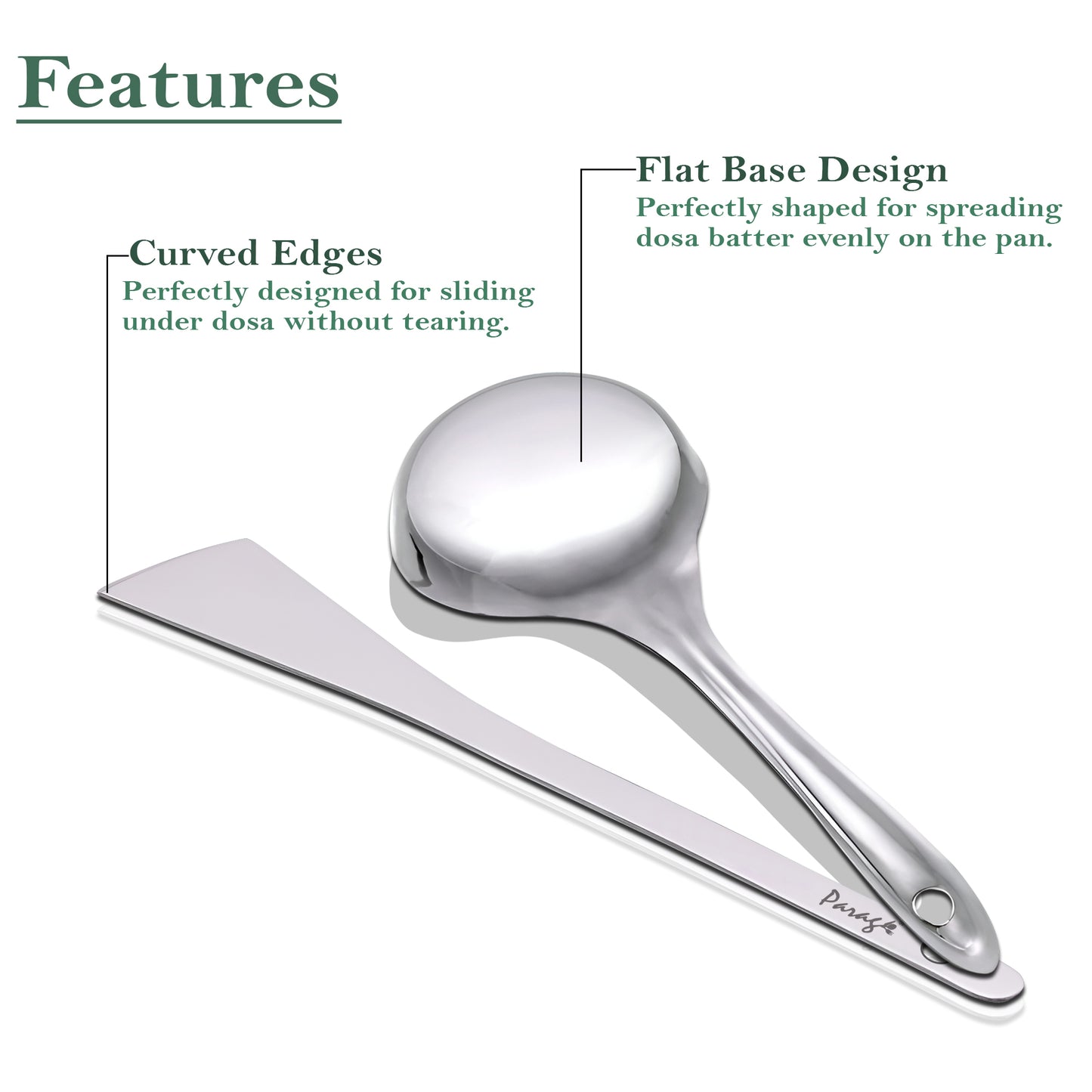 2-Piece Stainless Steel Dosa Ladle & Turner | 20.5cm & 31.5cm Heavy Gauge Kitchen Tools with Flat Base Spatula, Silver Finish