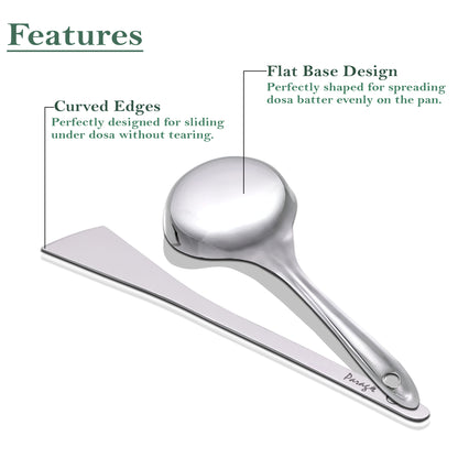 2-Piece Stainless Steel Dosa Ladle & Turner | 20.5cm & 31.5cm Heavy Gauge Kitchen Tools with Flat Base Spatula, Silver Finish