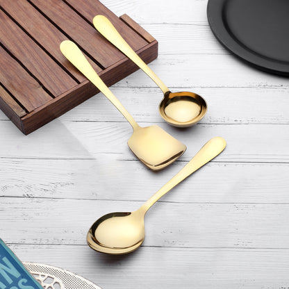 3-Piece Stainless Steel Golden Serving Spoons Set for Kitchen/Dining Table - Heavy Gauge PVD Gold (Soup Ladle, Solid Spoon, Rice Spoon)