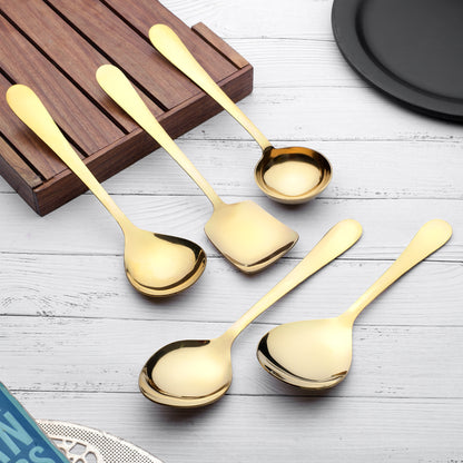 5 Pcs Stainless Steel Gold Serving Spoon Set - Heavy Gauge Kitchen Use