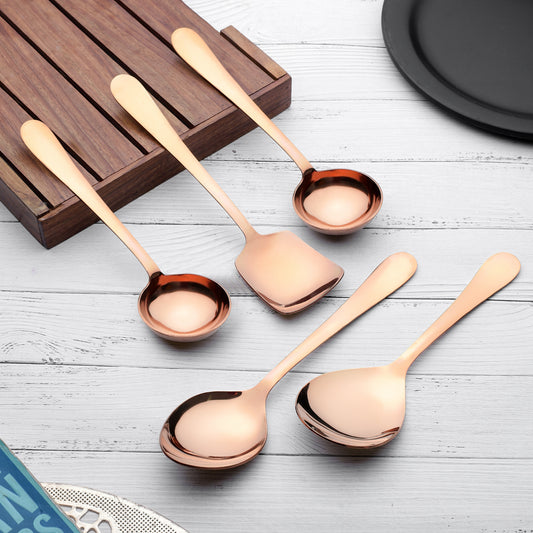 5-Piece Stainless Steel Serving Spoon Set | Heavy Gauge 1.8mm, 1 Soup, 1 Solid & 1 Rice Spoons (Steel Rose)