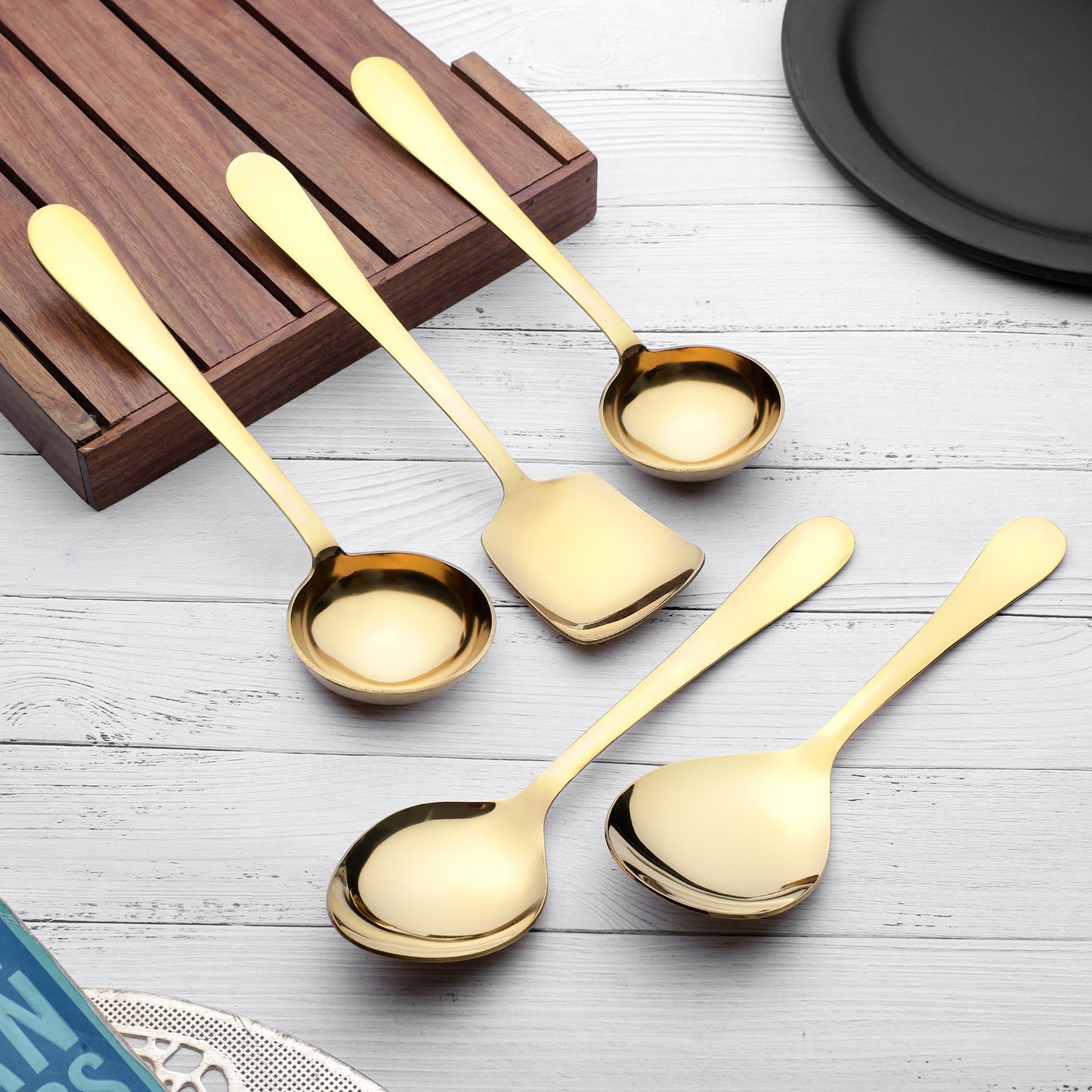 5-Piece Stainless Steel Gold Serving Spoon Set | Heavy Gauge 1.8mm, 1 Soup, 1 Solid, 1 Basting & 2 Rice Spoons