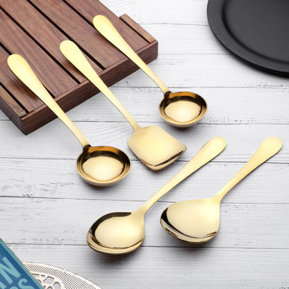 5-Piece Stainless Steel Gold Serving Spoon Set | Heavy Gauge 1.8mm, 1 Soup, 1 Solid, 1 Basting & 2 Rice Spoons
