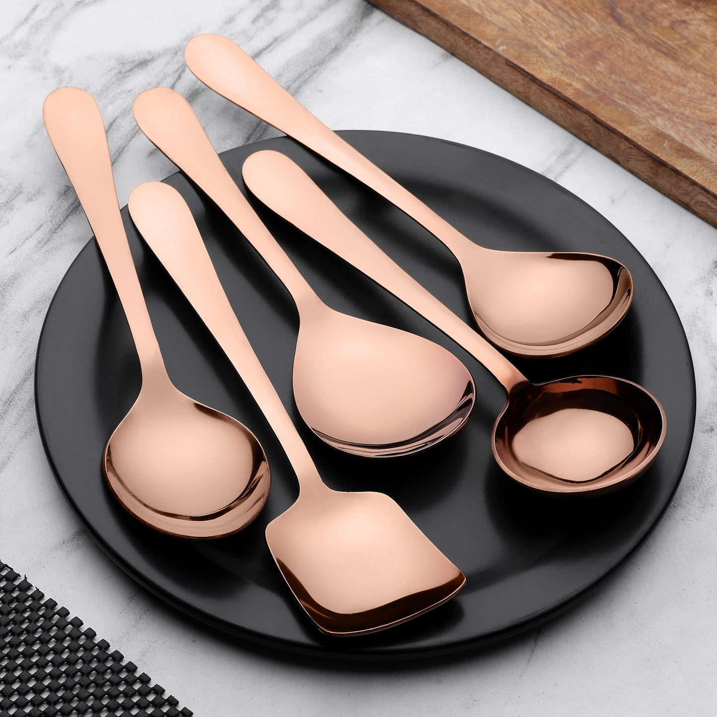 5-Piece Stainless Steel Rose Gold Serving Spoon Set | 1.8mm Heavy Gauge, 1 Soup, 1 Solid, 1 Rice & 2 Basting Spoons