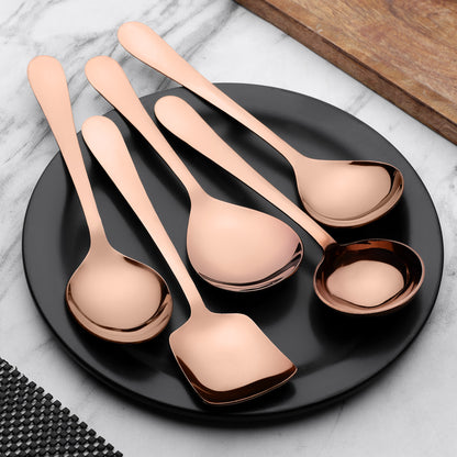 5-Piece Stainless Steel Rose Gold Serving Spoon Set | 1.8mm Heavy Gauge, 1 Soup, 1 Solid, 1 Rice & 2 Basting Spoons