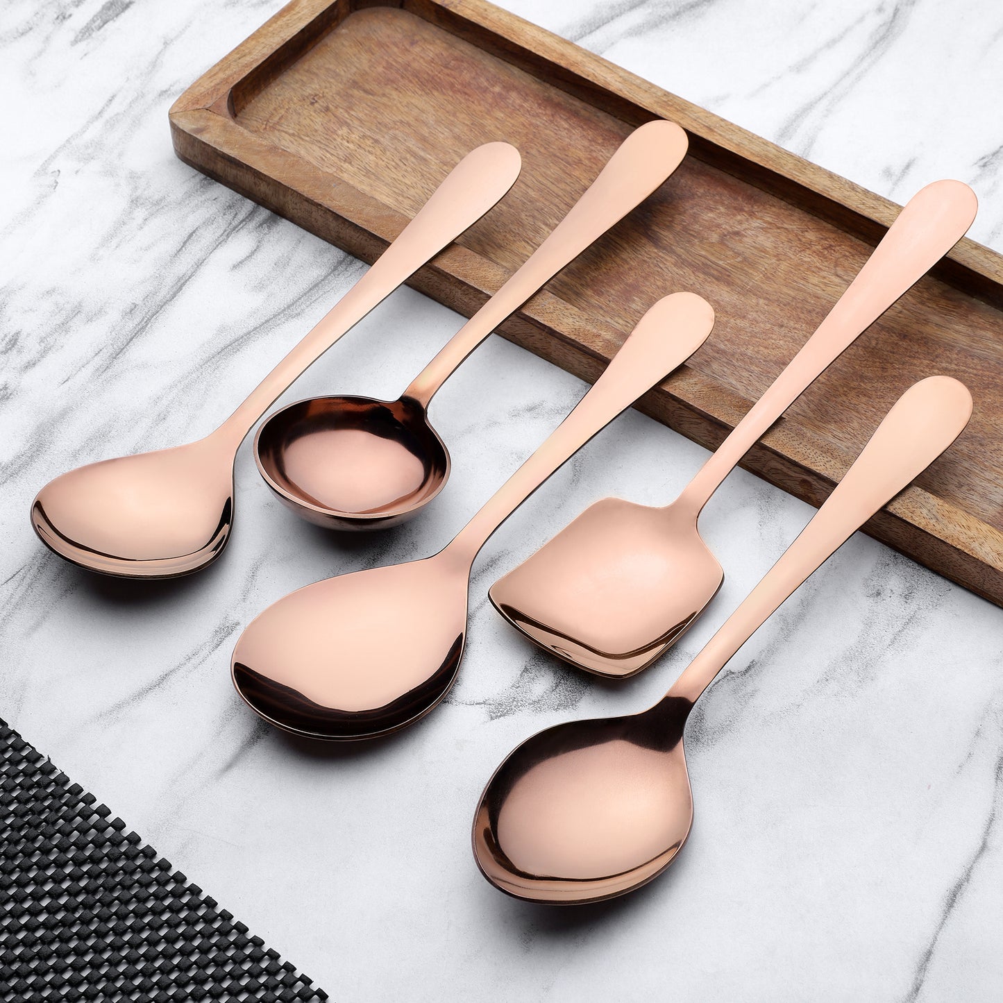 5-Piece Stainless Steel Rose Gold Serving Spoon Set | 1.8mm Heavy Gauge, 1 Soup, 1 Solid, 1 Rice & 2 Basting Spoons