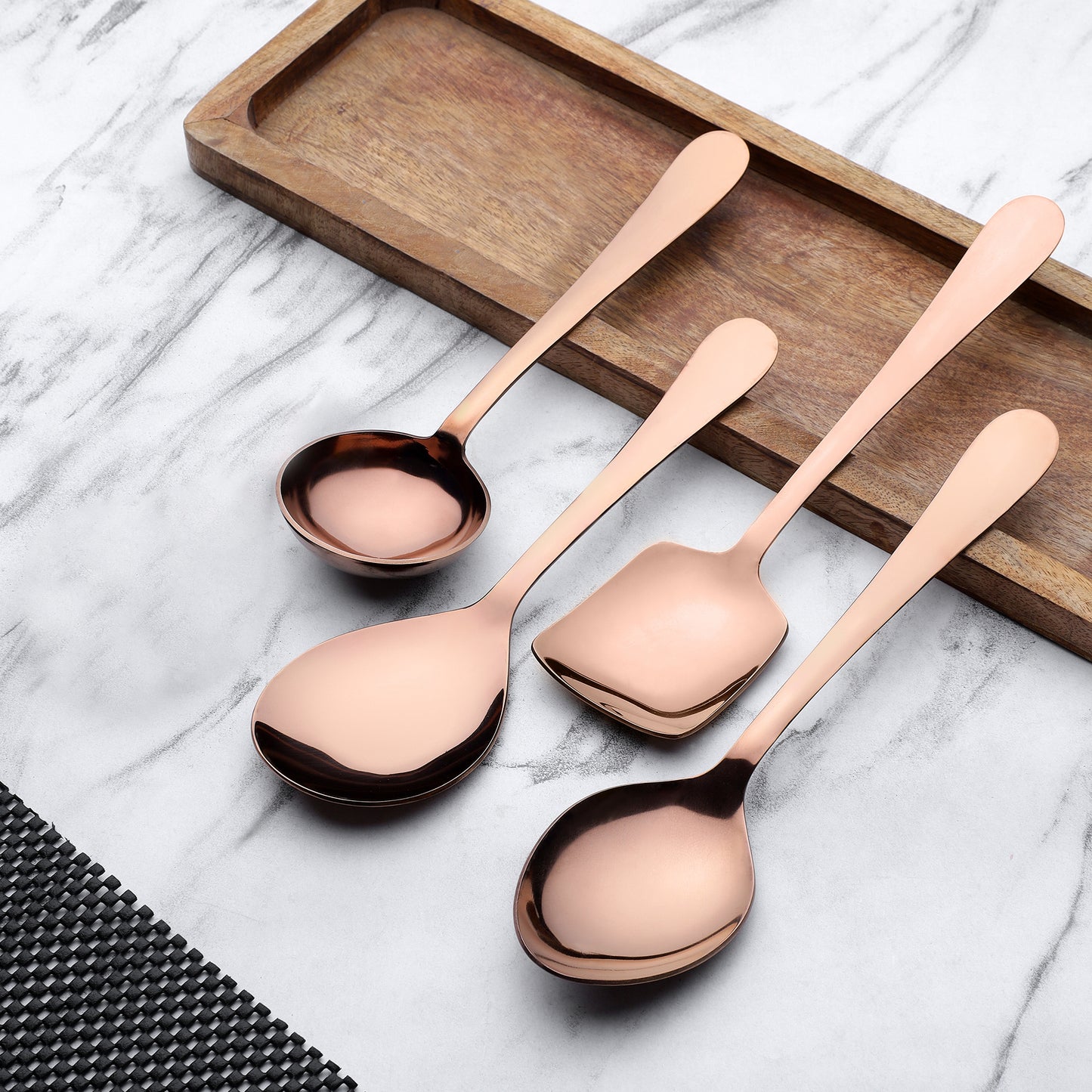 4-Piece Stainless Steel Rose Gold Serving Spoon Set | Heavy Gauge 1.8mm, 1 Soup, 1 Solid & 2 Rice Spoons