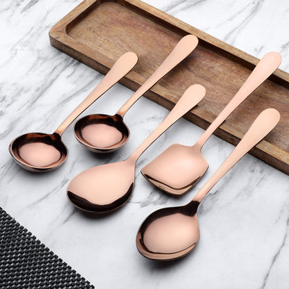 5-Piece Stainless Steel Serving Spoon Set | Heavy Gauge 1.8mm, 1 Soup, 1 Solid & 1 Rice Spoons (Steel Rose)