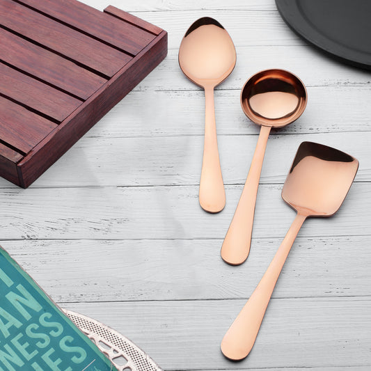 3-Piece Stainless Steel Rose Gold Serving Spoon Set | Heavy Gauge 1.8mm, 1 Soup, 1 Solid & 1 Rice Spoons