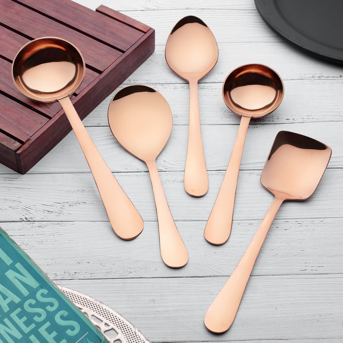 5-Piece Stainless Steel Serving Spoon Set | Heavy Gauge 1.8mm, 1 Soup, 1 Solid & 1 Rice Spoons (Steel Rose)