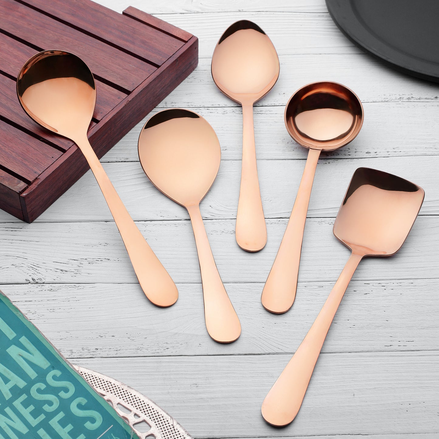5-Piece Stainless Steel Rose Gold Serving Spoon Set | 1.8mm Heavy Gauge, 1 Soup, 1 Solid, 1 Rice & 2 Basting Spoons