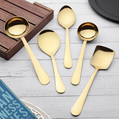 5-Piece Stainless Steel Gold Serving Spoon Set | Heavy Gauge 1.8mm, 1 Soup, 1 Solid, 1 Basting & 2 Rice Spoons