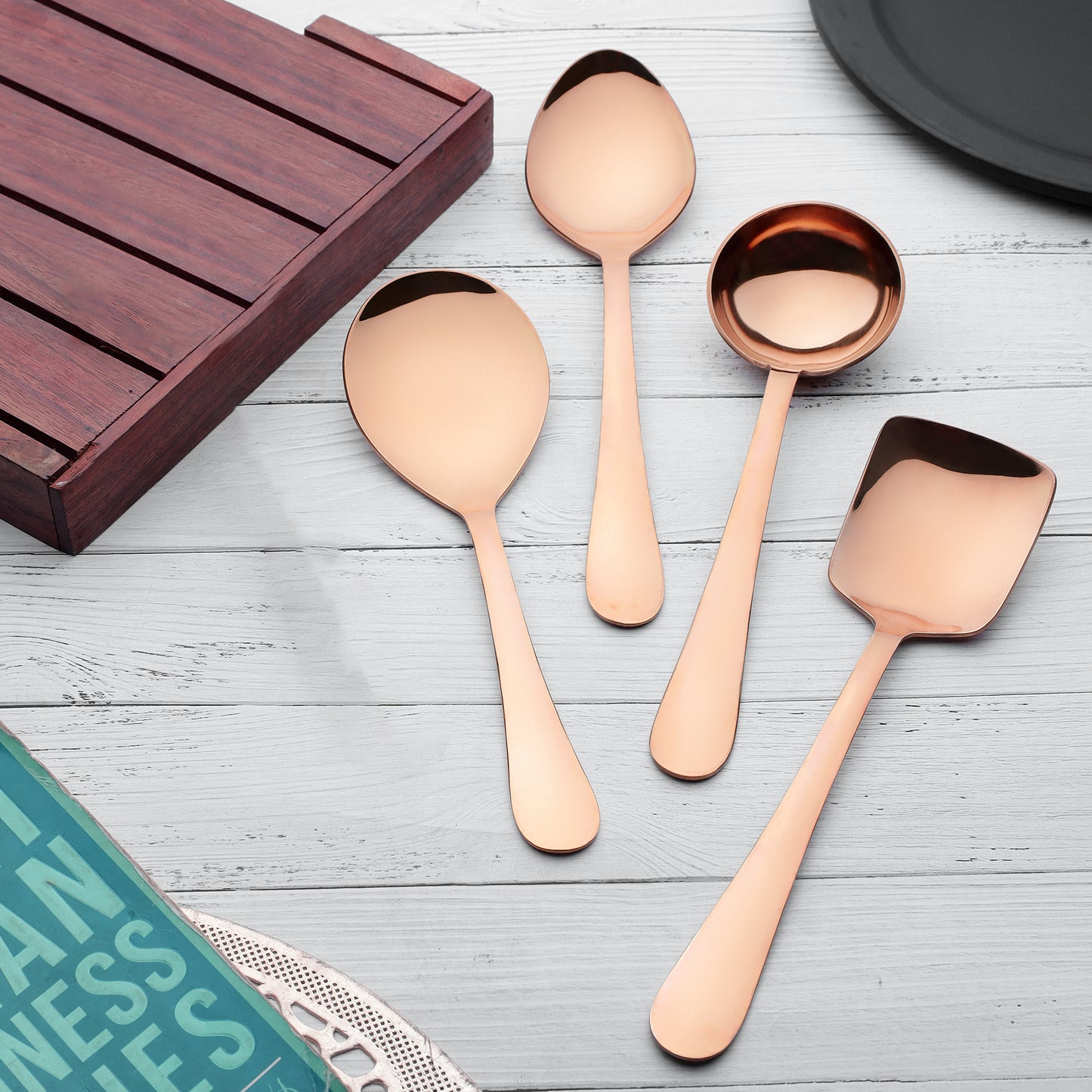 4-Piece Stainless Steel Rose Gold Serving Spoon Set | Heavy Gauge 1.8mm, 1 Soup, 1 Solid & 2 Rice Spoons