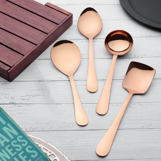 4-Piece Stainless Steel Rose Gold Serving Spoon Set | Heavy Gauge 1.8mm, 1 Soup, 1 Solid & 2 Rice Spoons