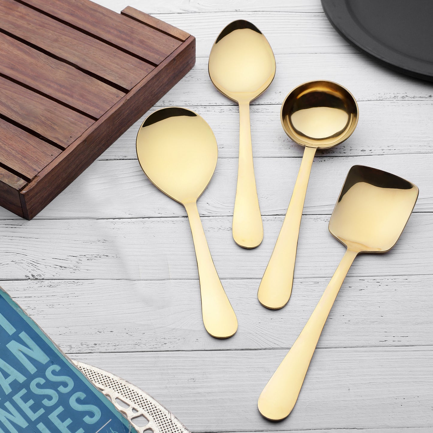 4 Pcs Stainless Steel Gold Serving Spoons Set - Heavy Gauge Kitchen Use