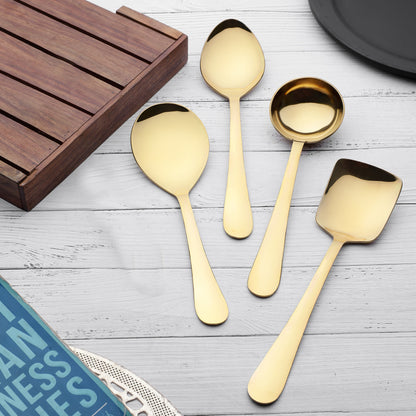 4 Pcs Stainless Steel Gold Serving Spoons Set - Heavy Gauge Kitchen Use