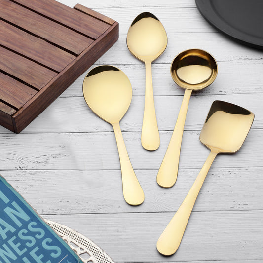 4 Pcs Stainless Steel Gold Serving Spoons Set - Heavy Gauge Kitchen Use