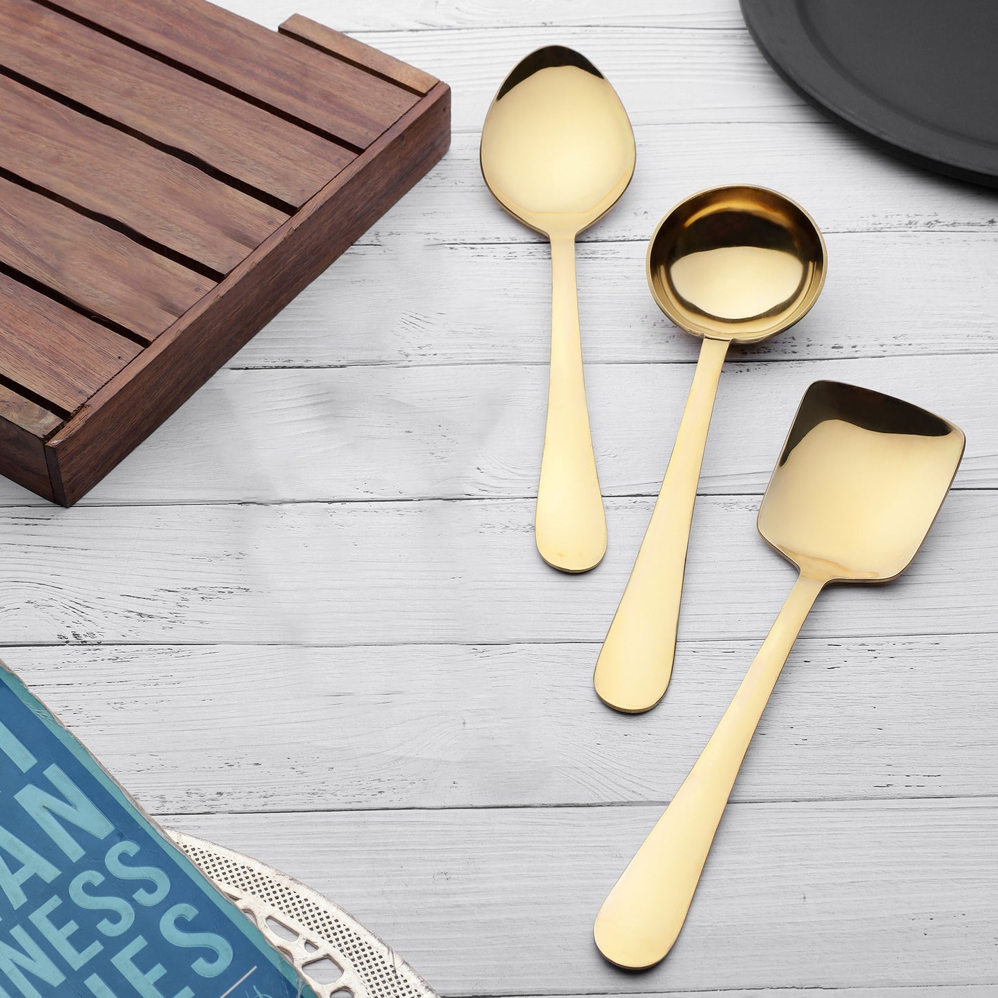 3-Piece Stainless Steel Golden Serving Spoons Set for Kitchen/Dining Table - Heavy Gauge PVD Gold (Soup Ladle, Solid Spoon, Rice Spoon)
