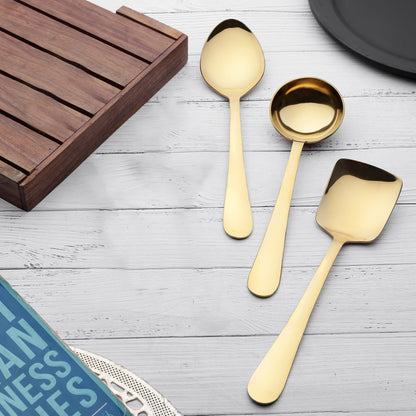3-Piece Stainless Steel Golden Serving Spoons Set for Kitchen/Dining Table - Heavy Gauge PVD Gold (Soup Ladle, Solid Spoon, Rice Spoon)