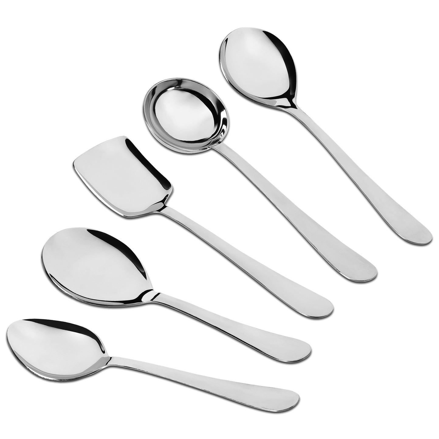 5-Piece Stainless Steel Serving Spoon Set | Heavy Gauge 1.8mm, 1 Soup, 1 Solid, 1 Rice & 2 Basting Spoons (Silver)