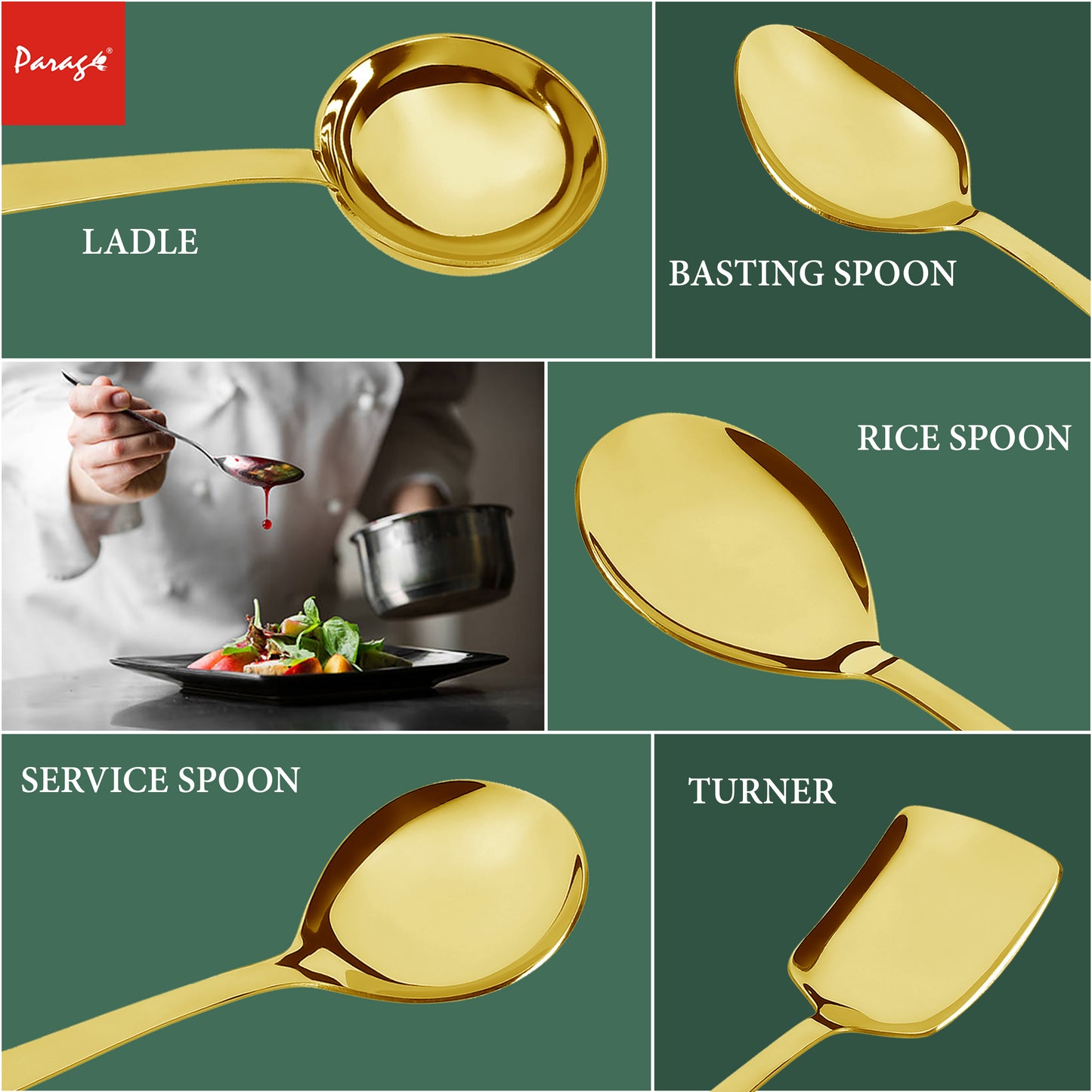 5 Pcs Stainless Steel Gold Serving Spoon Set - Heavy Gauge Kitchen Use