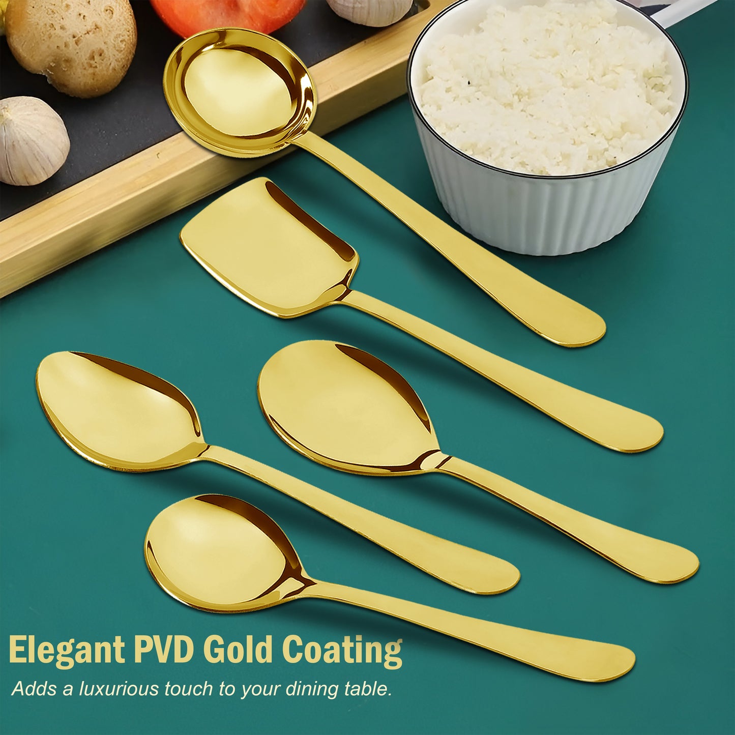 5 Pcs Stainless Steel Gold Serving Spoon Set - Heavy Gauge Kitchen Use