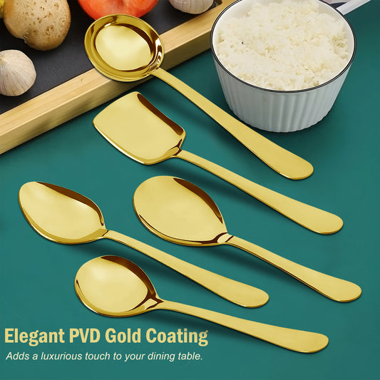 5 Pcs Stainless Steel Gold Serving Spoon Set - Heavy Gauge Kitchen Use