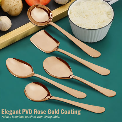 5-Piece Stainless Steel Rose Gold Serving Spoon Set | 1.8mm Heavy Gauge, 1 Soup, 1 Solid, 1 Rice & 2 Basting Spoons
