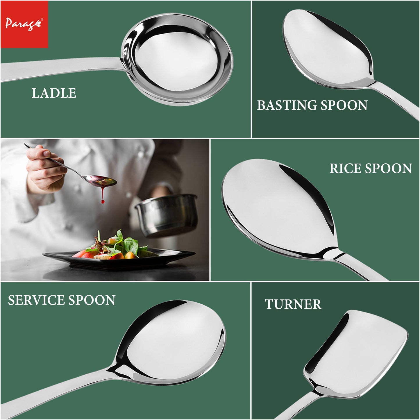 5-Piece Stainless Steel Serving Spoon Set | Heavy Gauge 1.8mm, 1 Soup, 1 Solid, 1 Rice & 2 Basting Spoons (Silver)