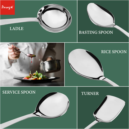 5-Piece Stainless Steel Serving Spoon Set | Heavy Gauge 1.8mm, 1 Soup, 1 Solid, 1 Rice & 2 Basting Spoons (Silver)