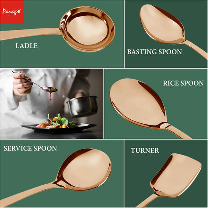 5-Piece Stainless Steel Rose Gold Serving Spoon Set | 1.8mm Heavy Gauge, 1 Soup, 1 Solid, 1 Rice & 2 Basting Spoons