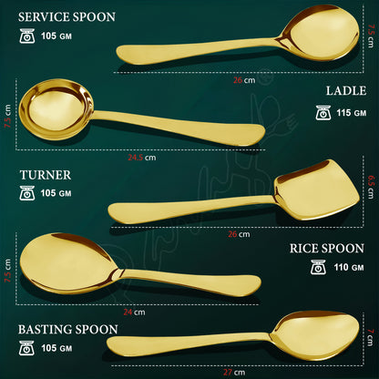 5 Pcs Stainless Steel Gold Serving Spoon Set - Heavy Gauge Kitchen Use