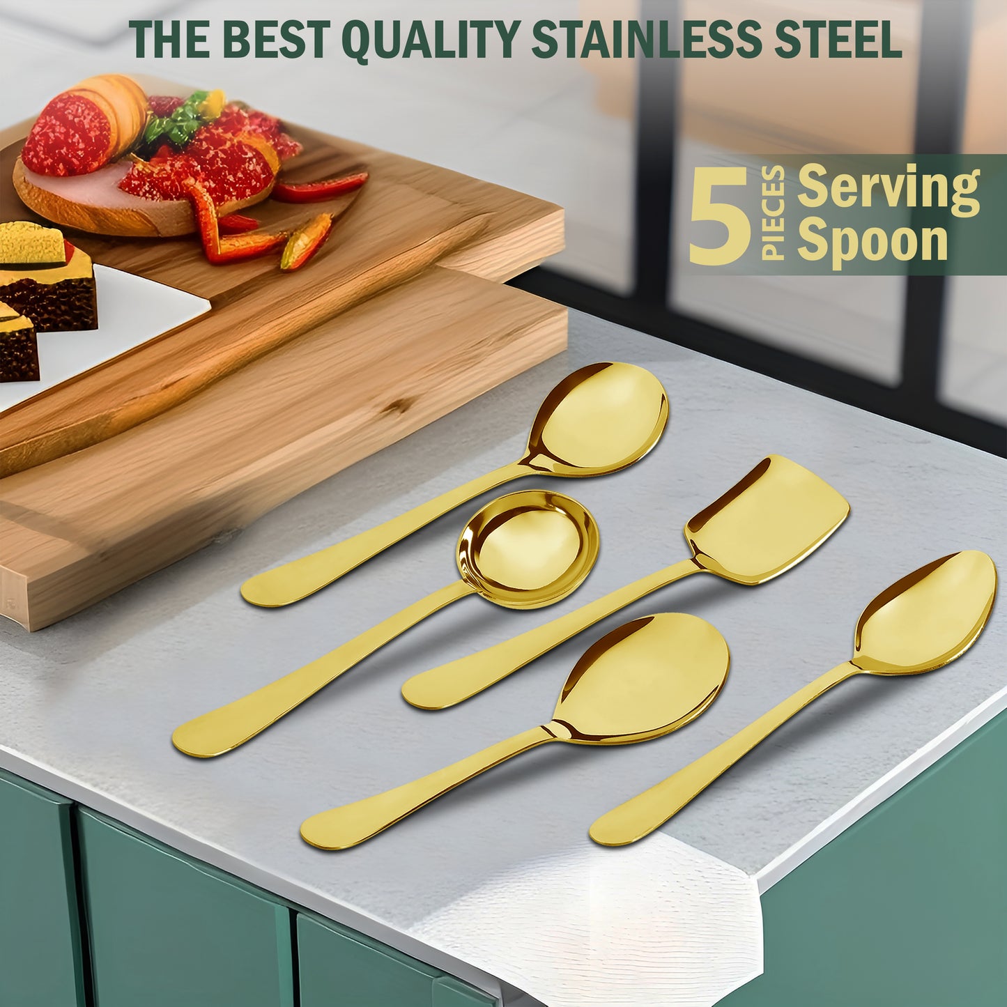 5 Pcs Stainless Steel Gold Serving Spoon Set - Heavy Gauge Kitchen Use