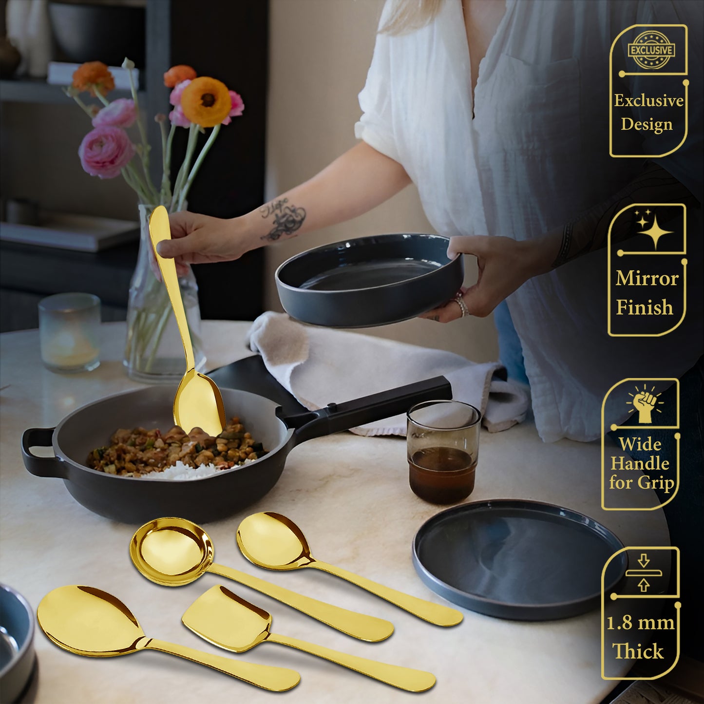 5 Pcs Stainless Steel Gold Serving Spoon Set - Heavy Gauge Kitchen Use