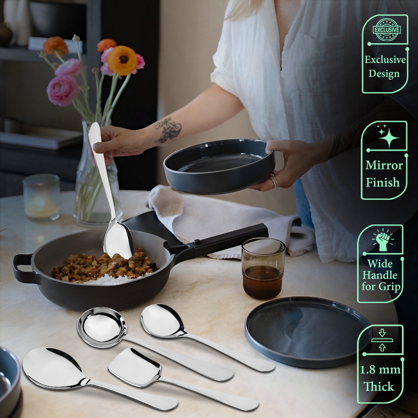 5-Piece Stainless Steel Serving Spoon Set | Heavy Gauge 1.8mm, 1 Soup, 1 Solid, 1 Rice & 2 Basting Spoons (Silver)
