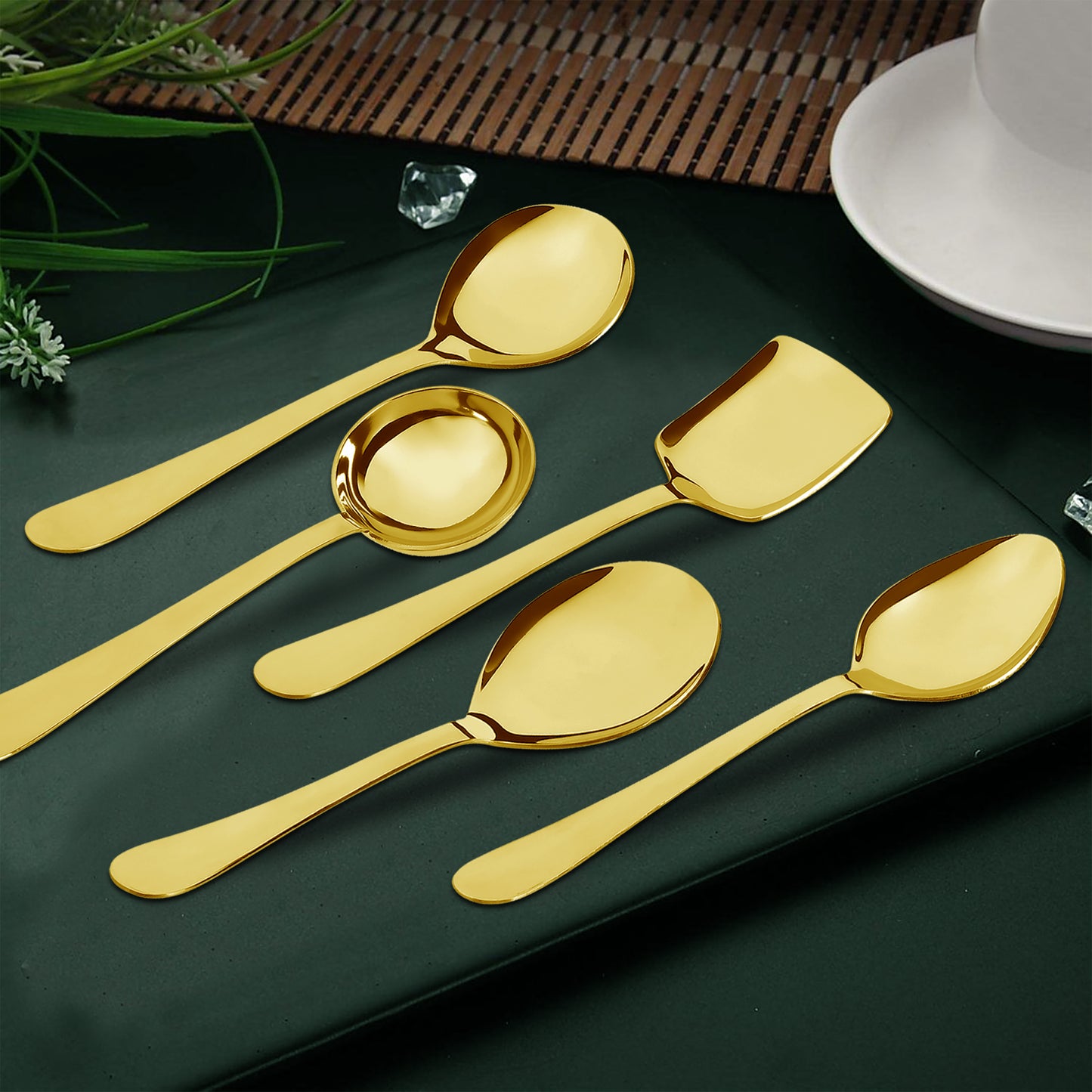 5 Pcs Stainless Steel Gold Serving Spoon Set - Heavy Gauge Kitchen Use