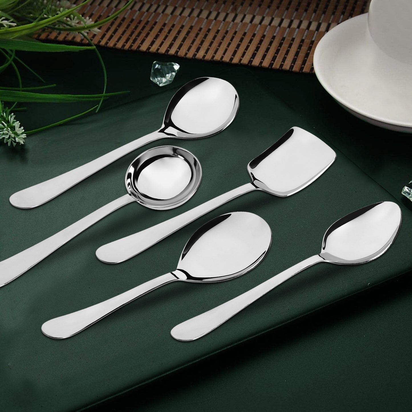 5-Piece Stainless Steel Serving Spoon Set | Heavy Gauge 1.8mm, 1 Soup, 1 Solid, 1 Rice & 2 Basting Spoons (Silver)