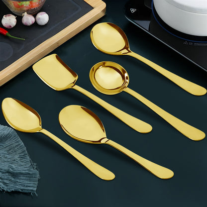5 Pcs Stainless Steel Gold Serving Spoon Set - Heavy Gauge Kitchen Use
