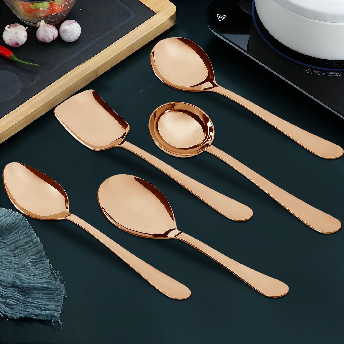 5-Piece Stainless Steel Rose Gold Serving Spoon Set | 1.8mm Heavy Gauge, 1 Soup, 1 Solid, 1 Rice & 2 Basting Spoons