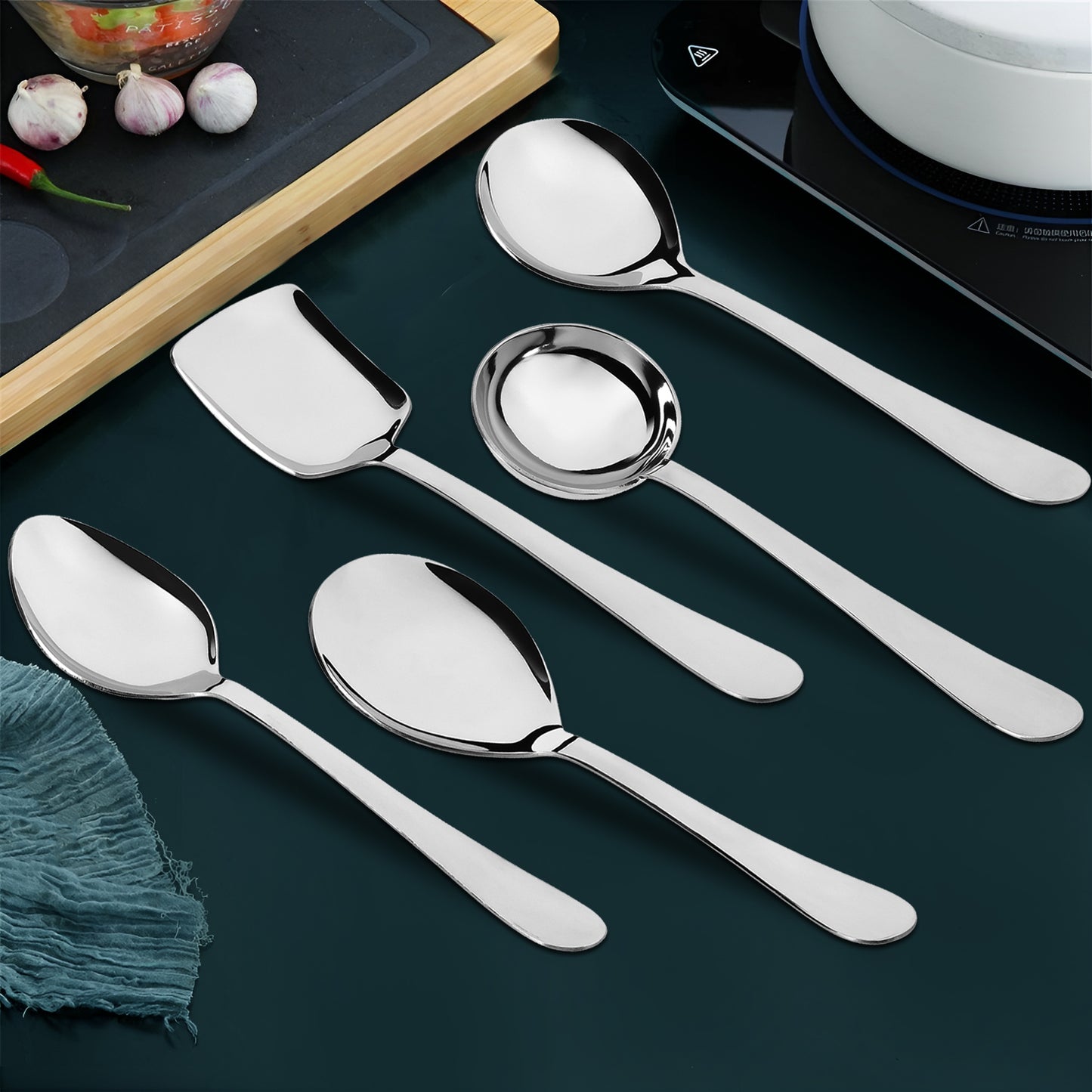 5-Piece Stainless Steel Serving Spoon Set | Heavy Gauge 1.8mm, 1 Soup, 1 Solid, 1 Rice & 2 Basting Spoons (Silver)