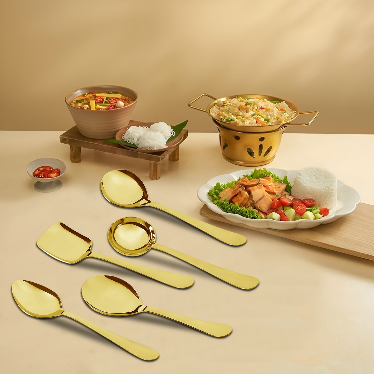 5 Pcs Stainless Steel Gold Serving Spoon Set - Heavy Gauge Kitchen Use