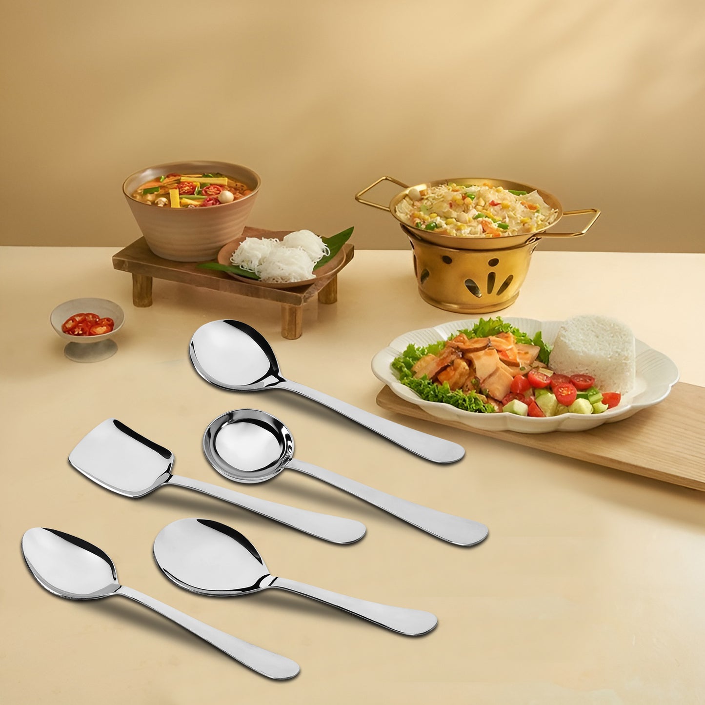 5-Piece Stainless Steel Serving Spoon Set | Heavy Gauge 1.8mm, 1 Soup, 1 Solid, 1 Rice & 2 Basting Spoons (Silver)