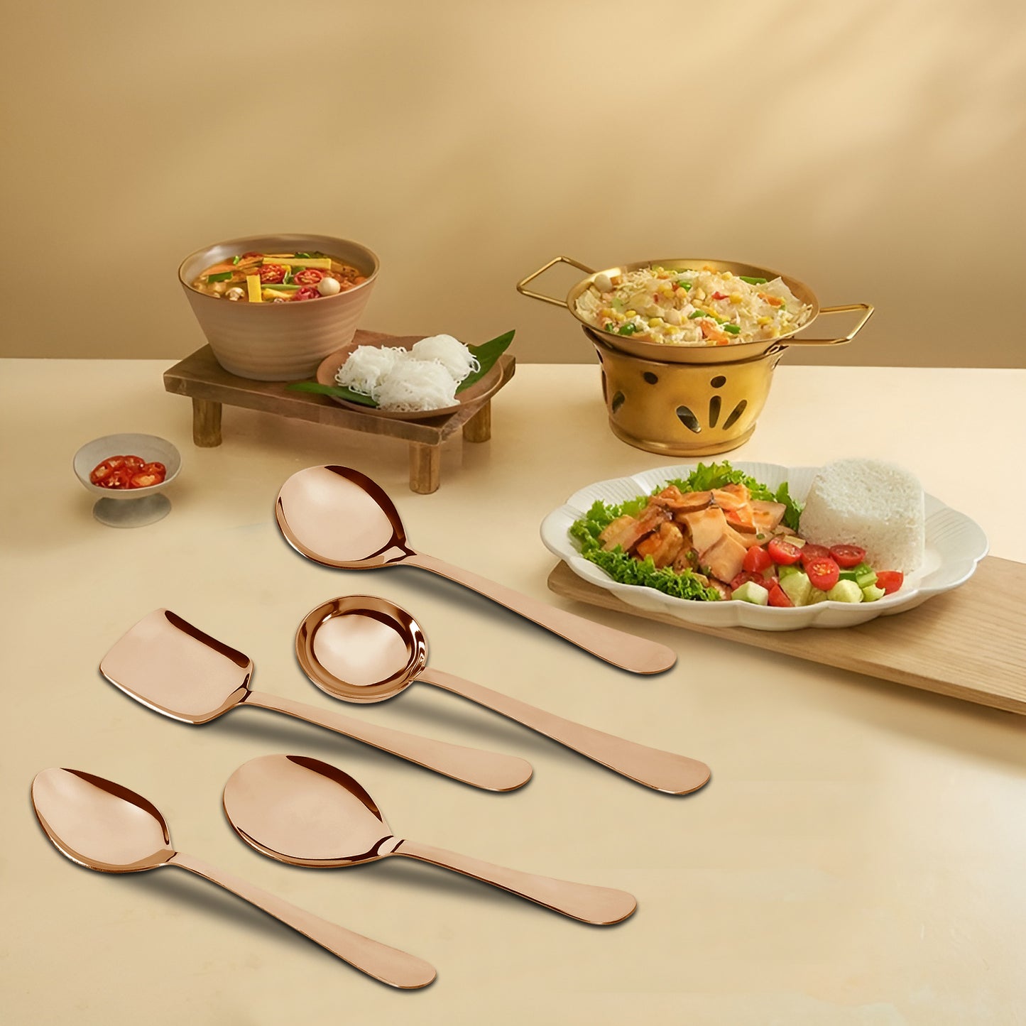 5-Piece Stainless Steel Rose Gold Serving Spoon Set | 1.8mm Heavy Gauge, 1 Soup, 1 Solid, 1 Rice & 2 Basting Spoons