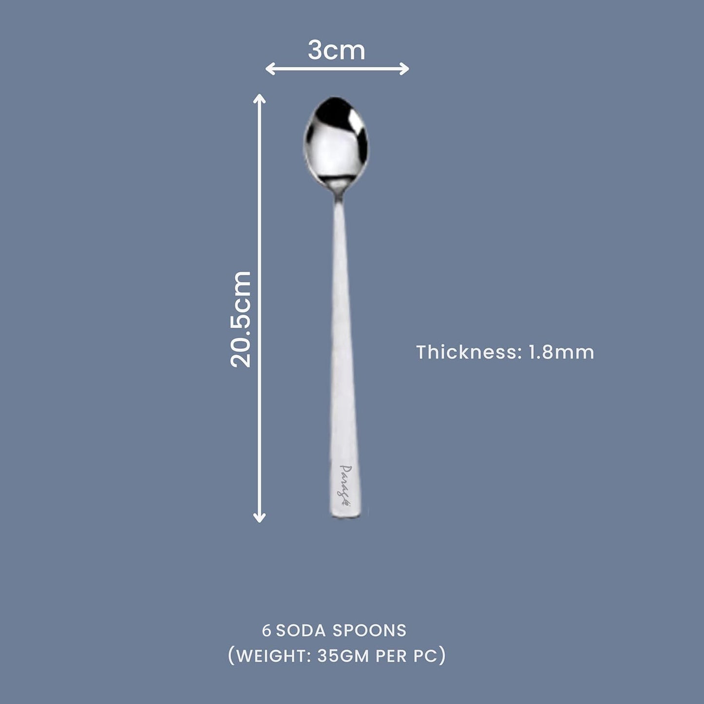 6 Pcs Stainless Steel Soda Spoon Set | 20.5 cm Long Handle Ice Cream Spoon Silver
